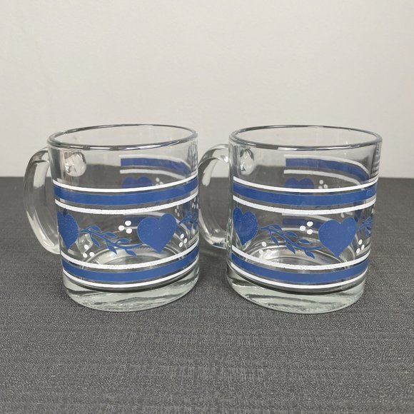 Vintage 90's Set of 2 Country Kitchen Blue Heart‎ Clear Glass Coffee Mugs - Picture 1 of 7